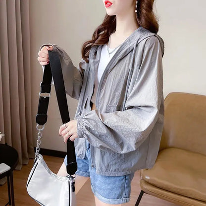 （Summer4）Women Sun Protection Clothing UV Protection Summer Loose Fit Hooded Zippered Thin And Casual