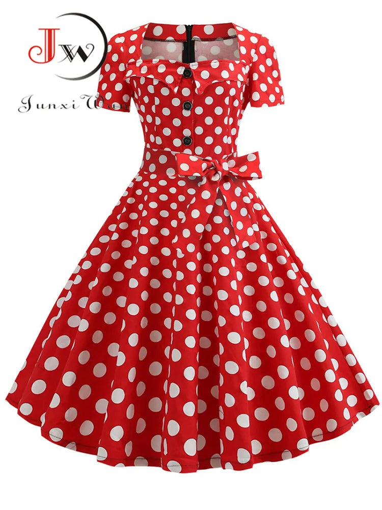 Women Vintage Dress Summer 50s 60s Retro Swing Rockabilly Vestidos Elegant Black Polka Dot Office Party Dress