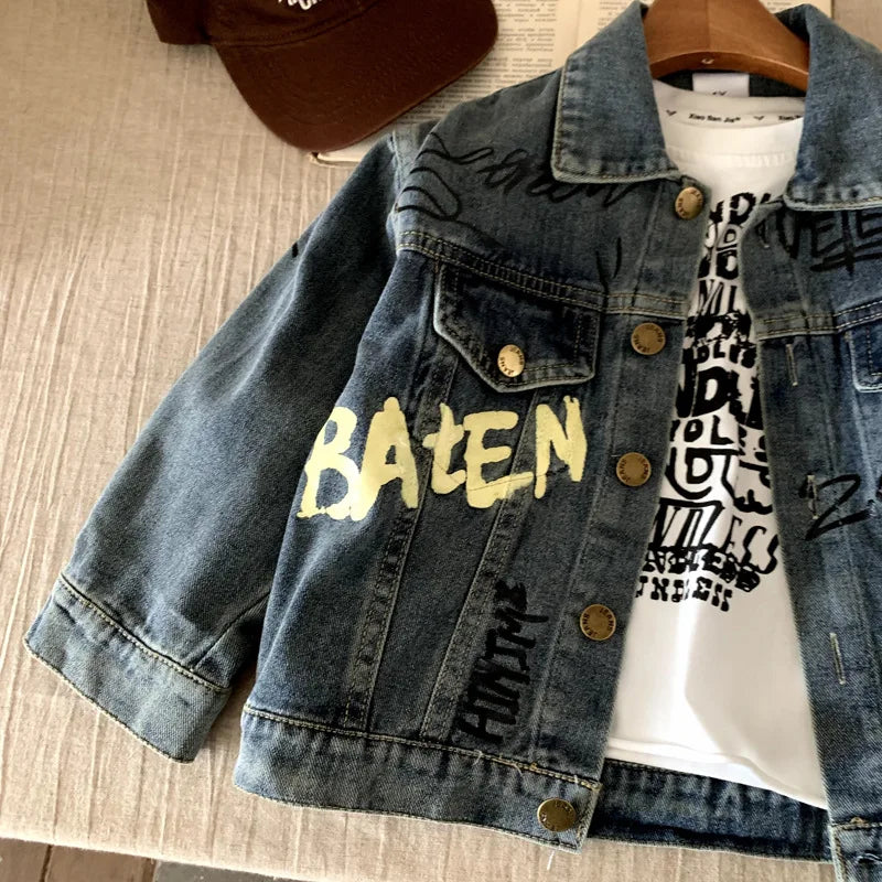 Boys Denim  Set 2025 Autumn Spring Korean Style Kids Clothes Fashion Trendy Letter Print Denim Jacket Jeans Two Piece Set