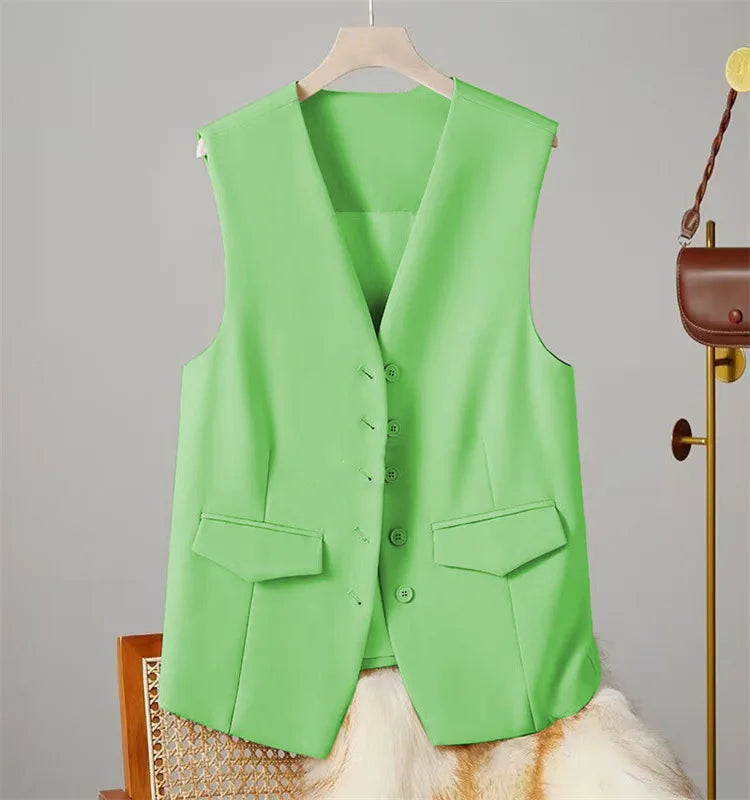 Vest Women Sleeveless Jacket Waistcoat V Neck Single Breasted Tops Outerwear Spring Summer Female 2025 Office Lady Vintage Coat