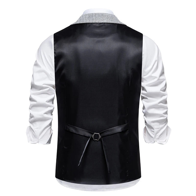 New Men's Retro Lapel Vest Herringbone Coarse Tweed Pockets Suit Vest British Casual Vintage Gentleman Leisure Party Bar Banquet