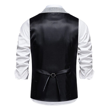 New Men's Retro Lapel Vest Herringbone Coarse Tweed Pockets Suit Vest British Casual Vintage Gentleman Leisure Party Bar Banquet