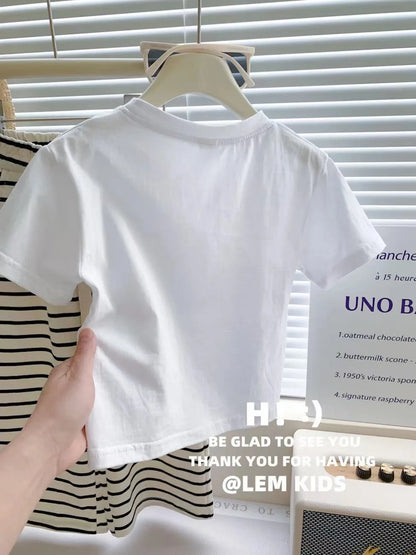New Summer Girls Clothing Set Comfortable Style Short Sleeve T-shirt + Stripe Pants 2Pcs Suit For Girl Children Fashion Outfit