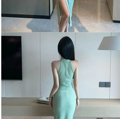 Vintage French Dress for Women Sleeveless Halter High Waist Slit Long Dresses Summer New Chic Temperament Vestidos