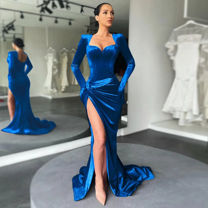 GACVGA Elegant Long Dress Evening Party Gown Outfits Women Gloves Sleeve Red Velvet Sexy Slit Maxi Dresses Bridesmaid Vestidos