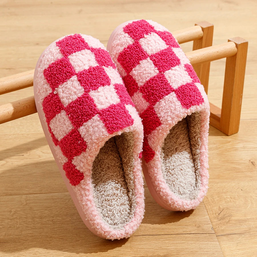 Slippers Classic Checkerboard Embroidered Pattern Women's Winter Indoor Soft Sole Warm Comfy Leisure Bedroom Fuzzy Home Shoes