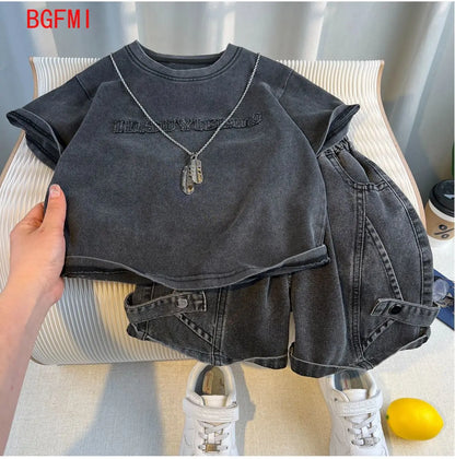 Hot Sale Fashion Baby Boy Suit Summer Clothes Short Sleeve T-shirt Short Jeans 2 Piece Set Kids Outfit 2-11Y Children's Costume