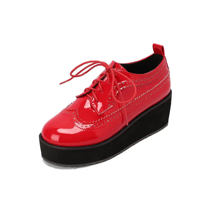 Ochanmeb Big Size 48 Women Patent Leather Brogues High Heels Derby Shoes Platforms Laser Cutout Oxfords Fashion Ladies Pumps Red