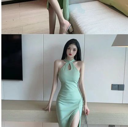 Vintage French Dress for Women Sleeveless Halter High Waist Slit Long Dresses Summer New Chic Temperament Vestidos