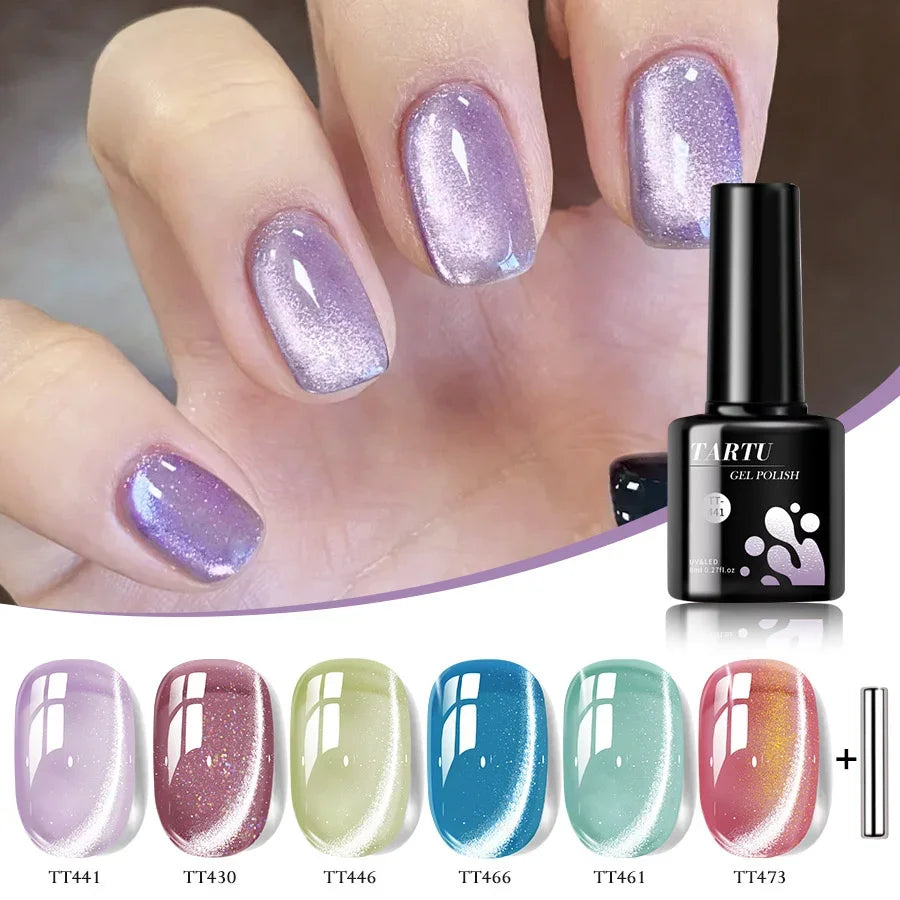 TARTU 6pcs 8ml Nude Pink Red Blue Green Brown Black Cat Eye Nail Gel Set, 6 Colors Semi-permanent Gel Polish Kit, Soak Off Uñas