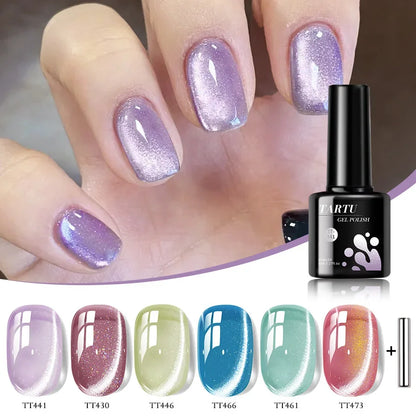 TARTU 6pcs 8ml Nude Pink Red Blue Green Brown Black Cat Eye Nail Gel Set, 6 Colors Semi-permanent Gel Polish Kit, Soak Off Uñas