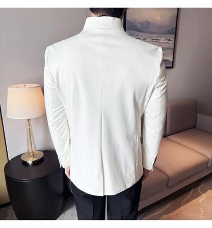 New Blazer Cowhide Velvet Korean Version Business Slim Fit Suit Stand Collar Fashionable Casual Suit Jacket Men Formal Clothing