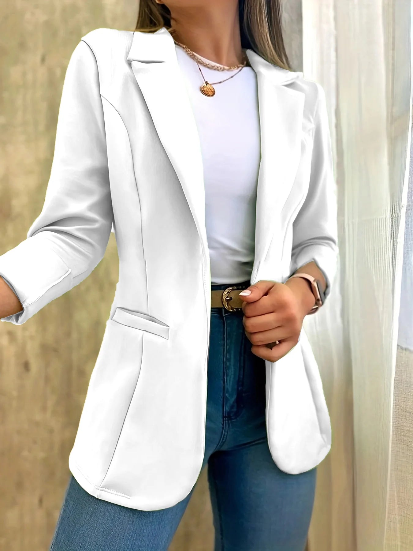 Women Simple Blazer Coat Casual Turn Down Collar Coats Long Sleeve Slim Fit Tailored Jackets Solid Elegant Autumn Open Stitch