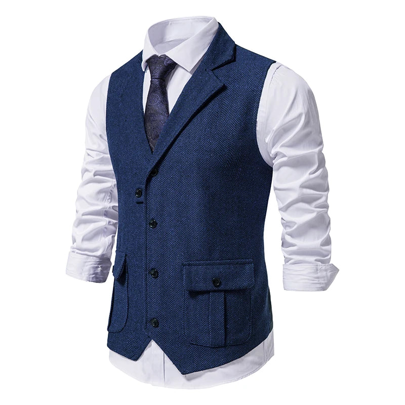 New Men's Retro Lapel Vest Herringbone Coarse Tweed Pockets Suit Vest British Casual Vintage Gentleman Leisure Party Bar Banquet