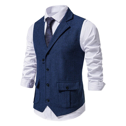 New Men's Retro Lapel Vest Herringbone Coarse Tweed Pockets Suit Vest British Casual Vintage Gentleman Leisure Party Bar Banquet