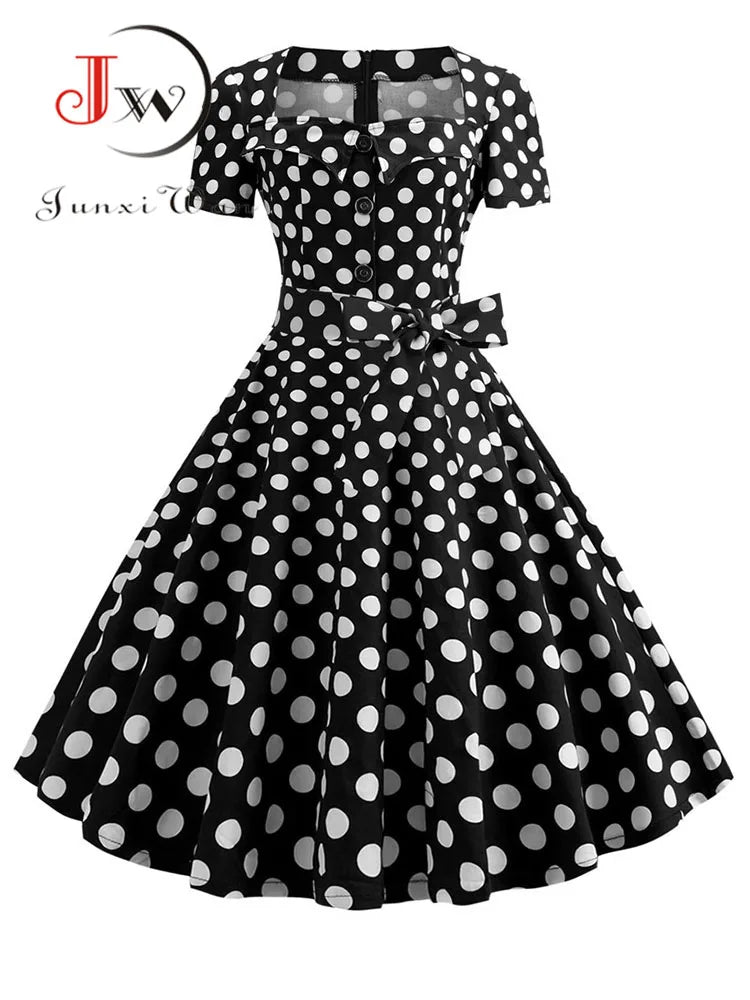 Women Vintage Dress Summer 50s 60s Retro Swing Rockabilly Vestidos Elegant Black Polka Dot Office Party Dress