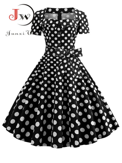 Women Vintage Dress Summer 50s 60s Retro Swing Rockabilly Vestidos Elegant Black Polka Dot Office Party Dress