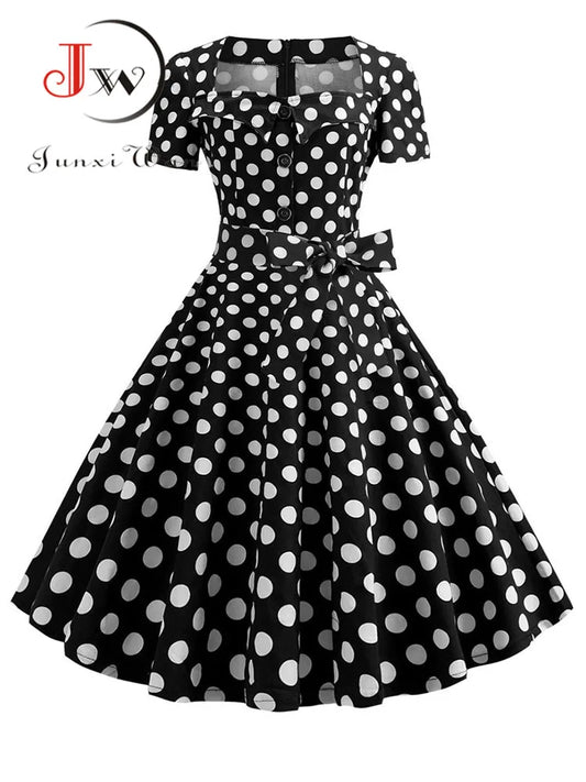 Women Vintage Dress Summer 50s 60s Retro Swing Rockabilly Vestidos Elegant Black Polka Dot Office Party Dress