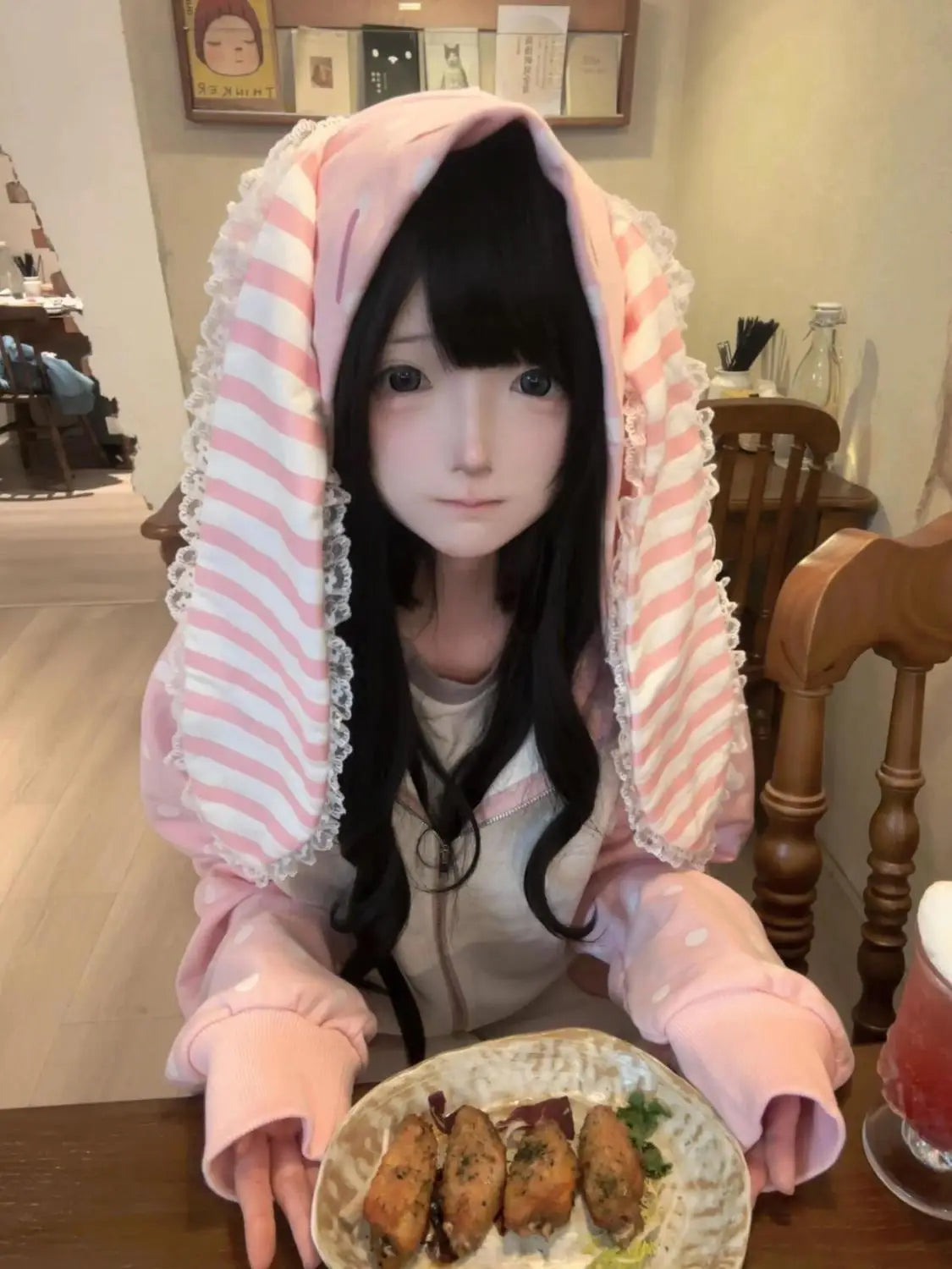 Aoaiiys Japanese Hoodies Women Kawaii Rabbit's Ears Loose Outerwear Strawberry Dot Print Aesthetic Sweatshirt Autumn Winter New