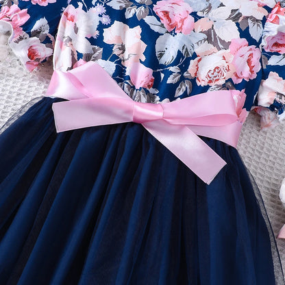 New girls' summer style bubble sleeve flower printed mesh dress
