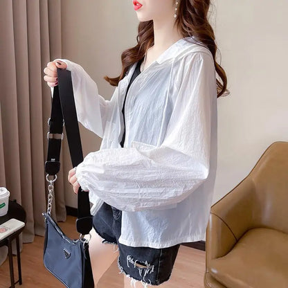（Summer4）Women Sun Protection Clothing UV Protection Summer Loose Fit Hooded Zippered Thin And Casual