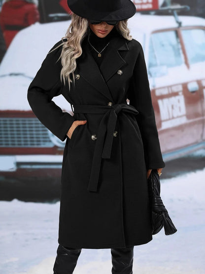 Women Turn Down Collar Thick Midi Length Wool Coat Pockets Casual Full Sleeve Double Breasted Blends Coats 2025 Autumn Winter
