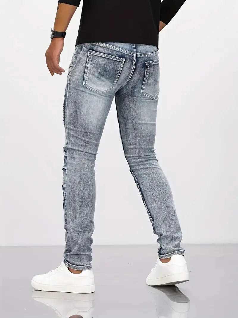 New Distressed Men Jeans Denim Holes Skinny Vintage Wash Solid Pencil Pants 2024 Ankle Length Sheath Punk Style Pockets Slim