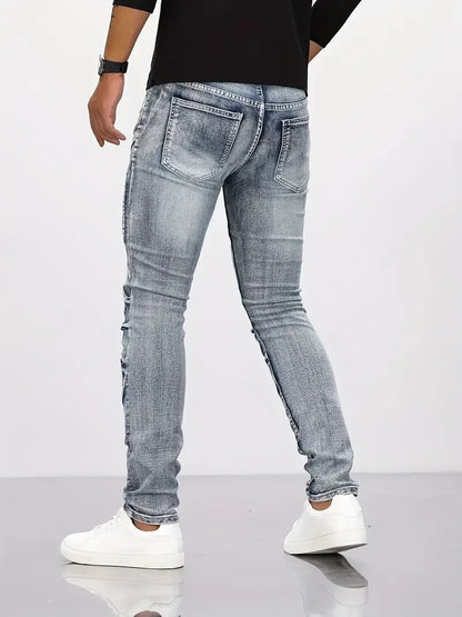 New Distressed Men Jeans Denim Holes Skinny Vintage Wash Solid Pencil Pants 2024 Ankle Length Sheath Punk Style Pockets Slim