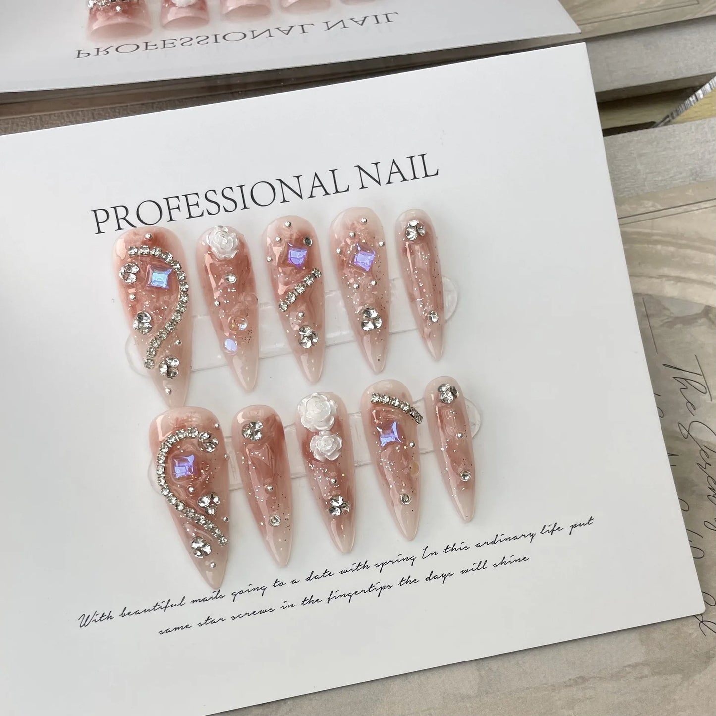 10Pcs Handmade Nails Set Press on Long Almond False Nail with Rhinestone Pink Camellia Design Reusable Full Cover Fake Nail Tips