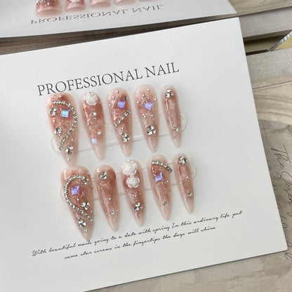 10Pcs Handmade Nails Set Press on Long Almond False Nail with Rhinestone Pink Camellia Design Reusable Full Cover Fake Nail Tips