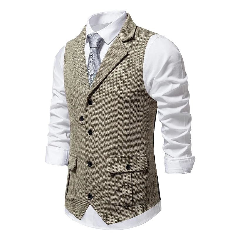 New Men's Retro Lapel Vest Herringbone Coarse Tweed Pockets Suit Vest British Casual Vintage Gentleman Leisure Party Bar Banquet