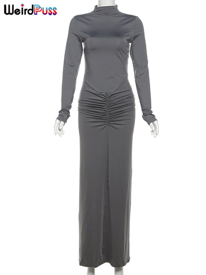 Weird Puss Hipster Ruched Dress Women O-Neck Full Sleeve Skinny Stretch Robe Autumn Trend Simple Classic Pleats Long Bodycon