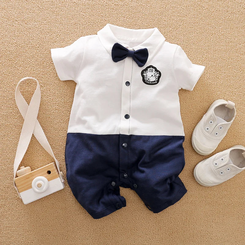 Newborn baby summer gentleman's short-sleeved cotton soft and comfortable one-piece suit Newborn baby summer gentleman's short-s