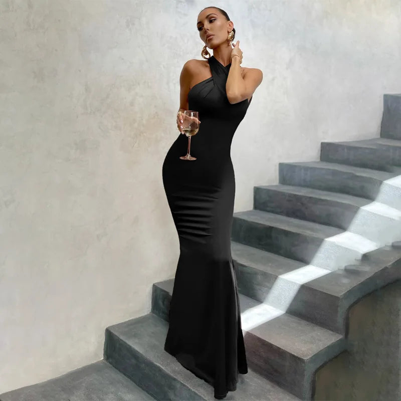 Women's Vestidos De Fiesta Elegantes Vestidos  Elegant Halter Neck Twist Front Maxi Dress  Slim Fit Evening Party Gown