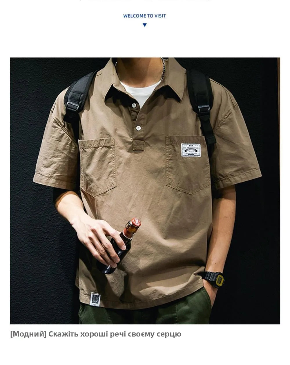 American Retro Men's  irt Summer Loose Workwear ort Sve T-irt Simple Sle Youth Trend ket Design Flat Iron