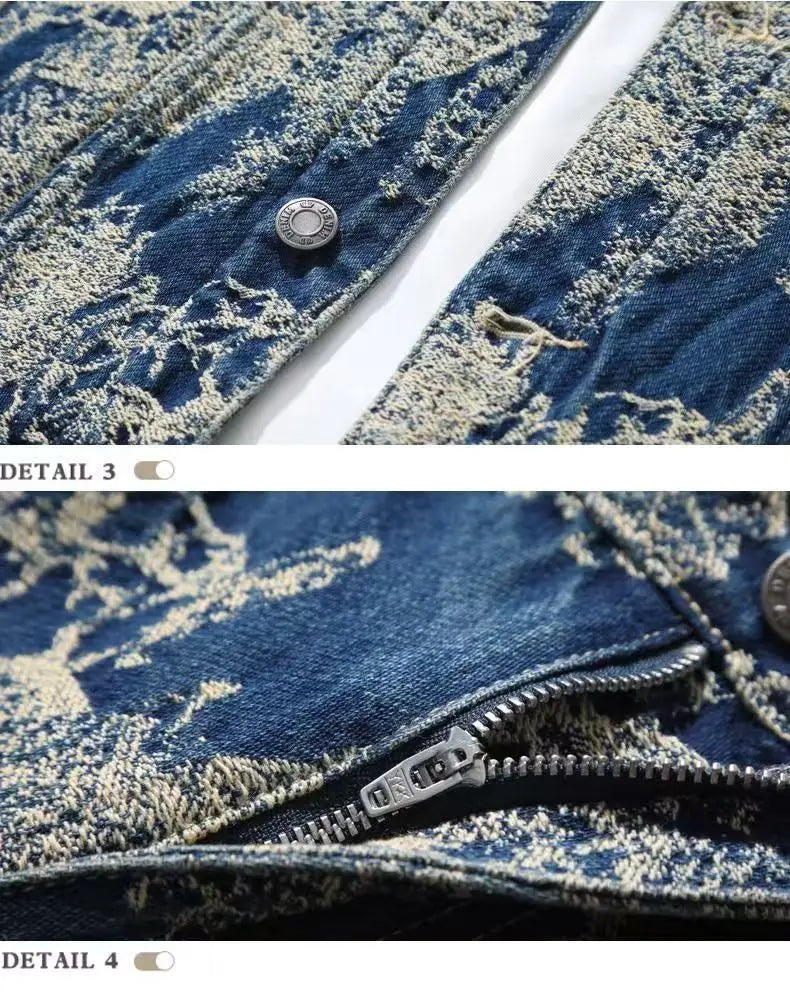 High Street Denim Sets Men's Jacquard Ragged Loose Casual Retro Washed Denim Shirt Style Jacket Jeans Pants