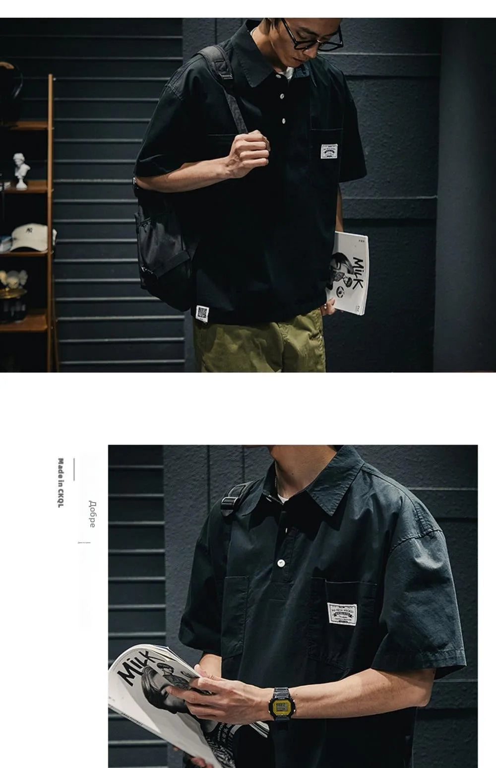 American Retro Men's  irt Summer Loose Workwear ort Sve T-irt Simple Sle Youth Trend ket Design Flat Iron