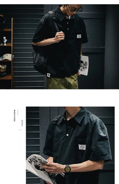 American Retro Men's  irt Summer Loose Workwear ort Sve T-irt Simple Sle Youth Trend ket Design Flat Iron