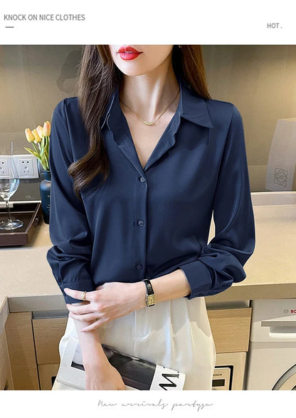 Fashion elegant satin shirts solid color ladies shirts causal Women's Blouses Spring Long Sleeve Shirts Tops Blusas Mujer