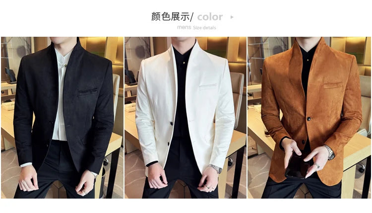 New Blazer Cowhide Velvet Korean Version Business Slim Fit Suit Stand Collar Fashionable Casual Suit Jacket Men Formal Clothing