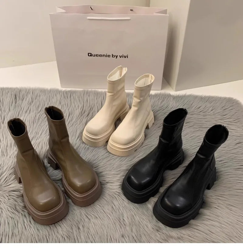 2024New Women's Boots Fashion Leather Casual Boots Luxury Brand Chelsea Ankle Boots for Women Outdoor Platform Boot Botas Mujer