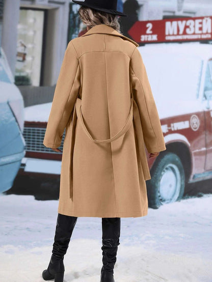 Women Turn Down Collar Thick Midi Length Wool Coat Pockets Casual Full Sleeve Double Breasted Blends Coats 2025 Autumn Winter
