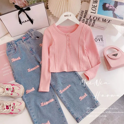 4-12 Years Teenger Girls Clothing Set Autumn Fashion Short Shirt + Letter Jeans 2Pcs Suit For Girl  Children Birthday Present