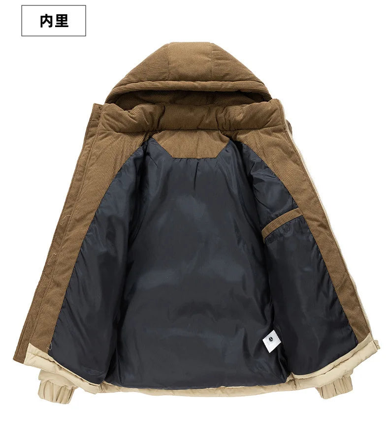 Men's New Winter Cotton Jacket: Fleece-Lined, Thickened for Warmth, with Removable Hood and Stand-Up Collar for Cold Resistance