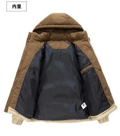 Men's New Winter Cotton Jacket: Fleece-Lined, Thickened for Warmth, with Removable Hood and Stand-Up Collar for Cold Resistance