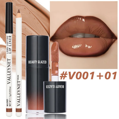 2Pcs/Set Matte Velvet Lip Liner Lip Gloss Set Lipliner + Lip Oil  Long lasting Waterproof Lip Combo Makeup tutorial Cosmetics