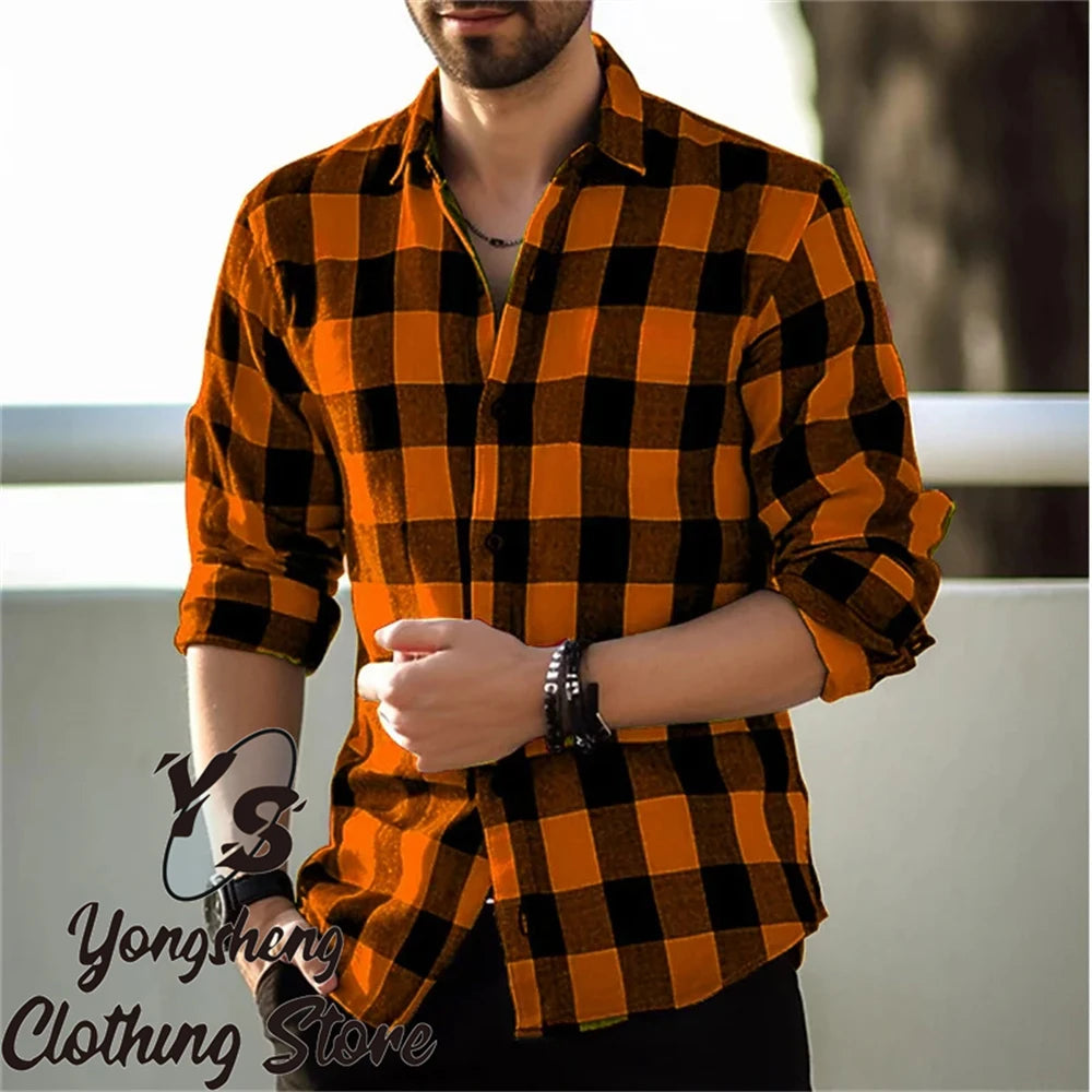 Men's long-sleeved shirt printed shirt plaid casual comfortable handsome commuter large size men's clothing XS-6XL