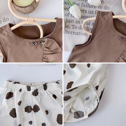 Bear Leader Girls' Set 2026 New Summer Solid Ruffled Top+Polka Dot Pants Set Fashion Baby Set Girl Baby Casual Sleeveless Set