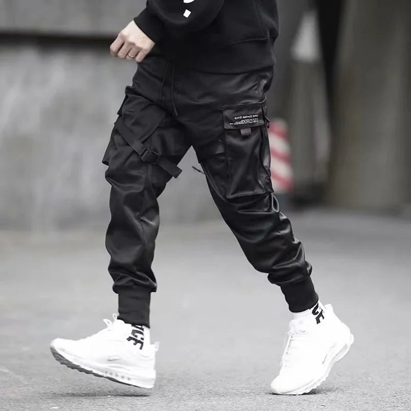 Men's multi pocket ribbed bandage work pants, jogging pants, sports pants, fashionable streetwear, trendy hip-hop loose pants
