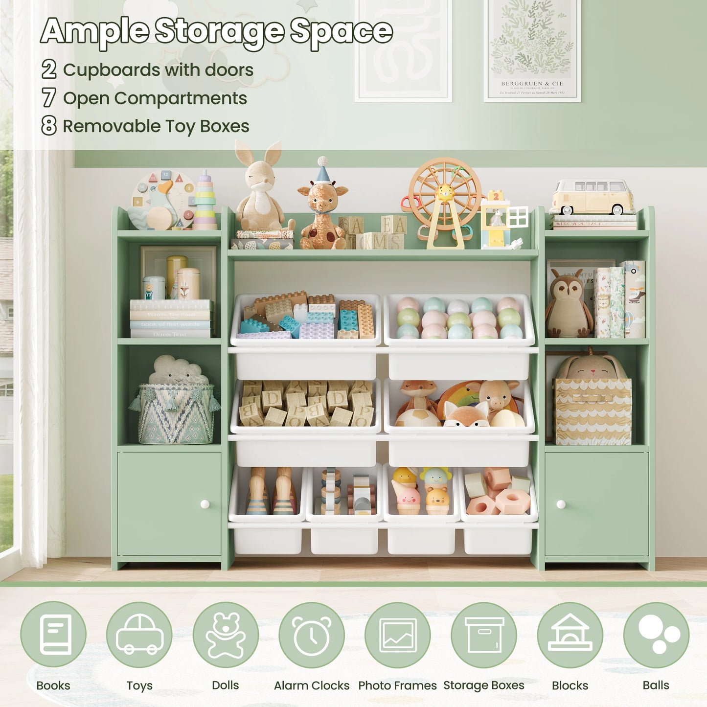 Getone Toy Storage Unit Children's Bookcase Toy Organiser Kids Storage with 8 Removable Boxes and Storage Shelves for Living Room Playroom Bedroom 138.8 x 29.6 x 94.3 cm
